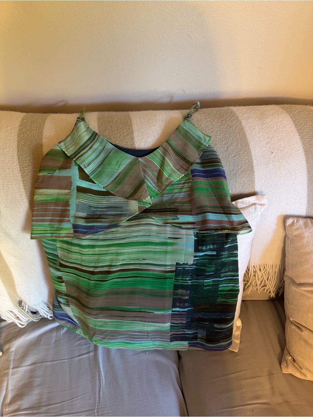 CAbi Green Striped Ruffle-Neck Camisole